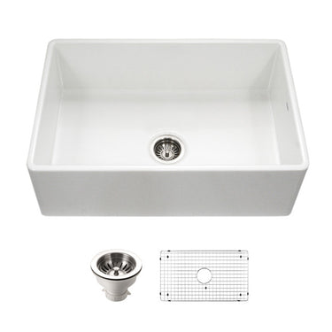Houzer Platus 33 inch White Fireclay Apron Front Farmhouse Kitchen Sink with Strainer & Grid